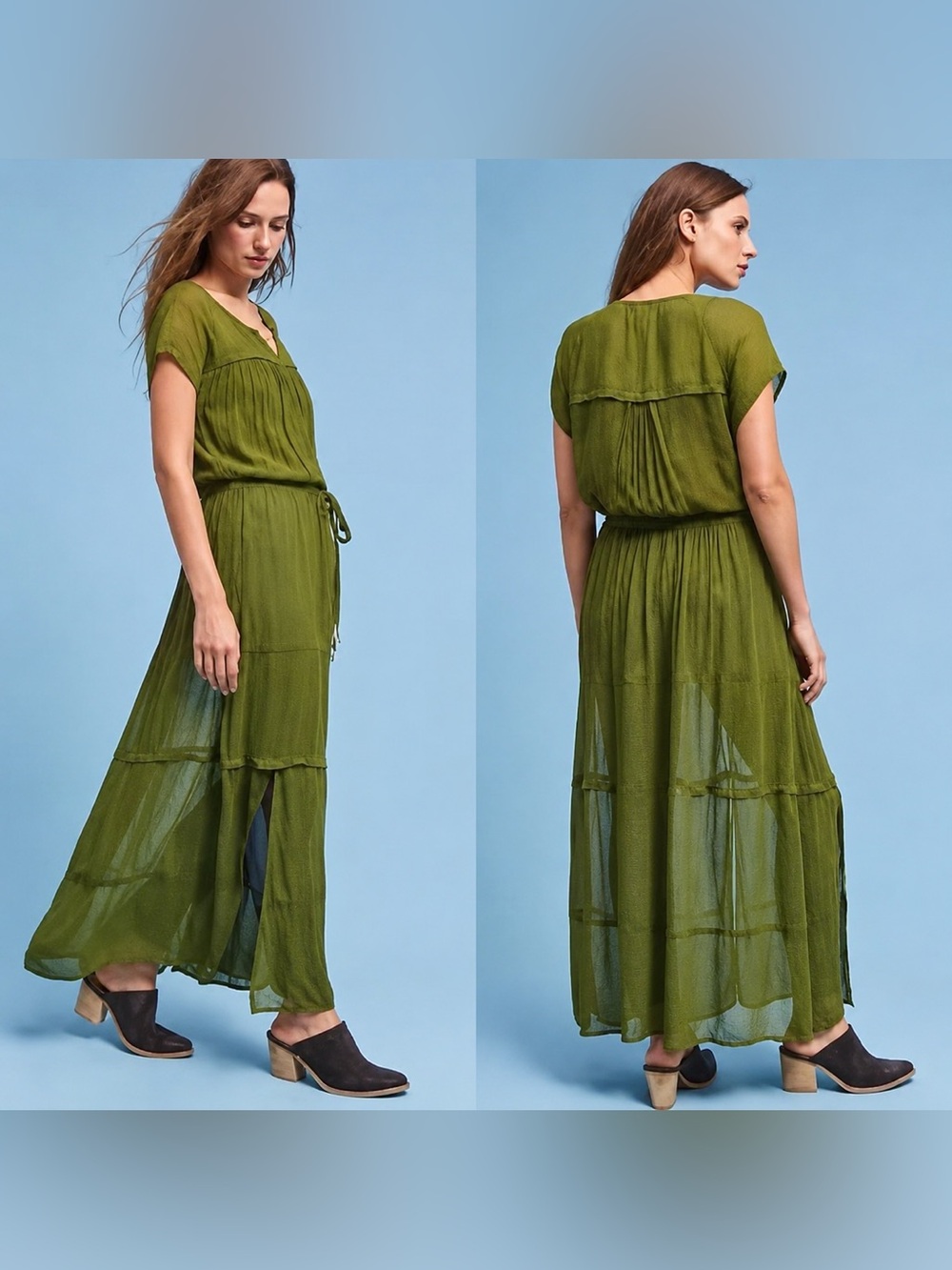 Maeve Anthropologie Women's Moss Green Rayon Tiered Maxi Dress Size Small
